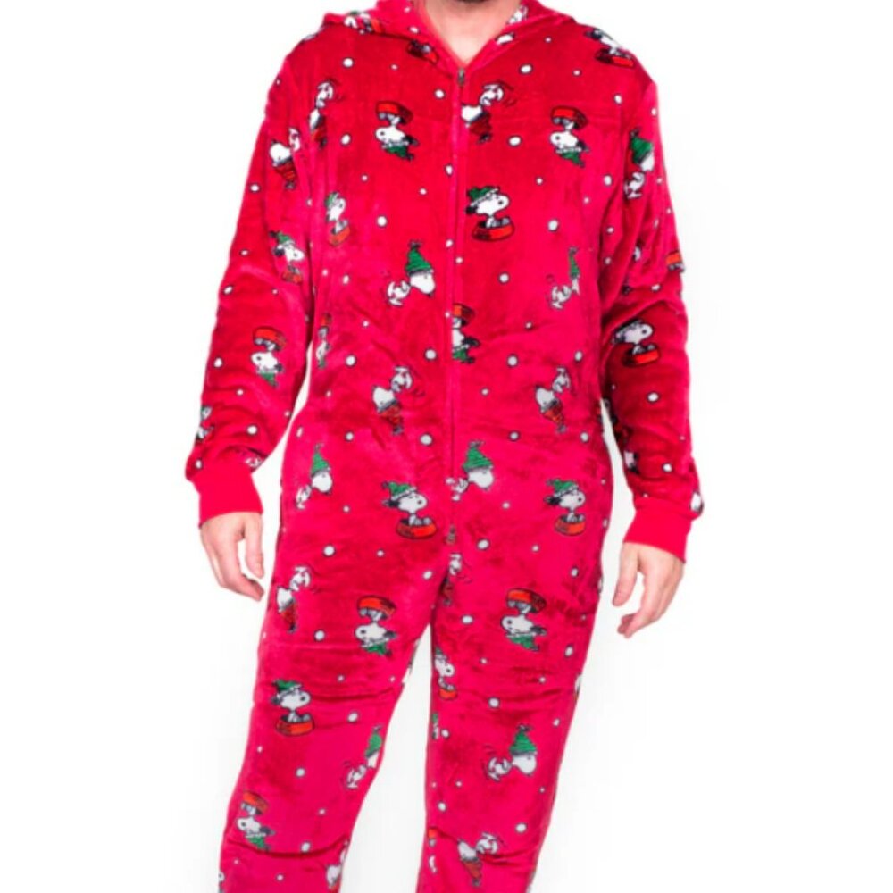 Peanuts Snoopy All Over LS Sherpa Pj/Zip Up Union Suit Sleepwear Red/White Multi